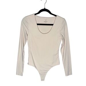 Nuuds Bodysuit Women Small Cream Excellent Scoop Neck Long Sleeve Thong Snap